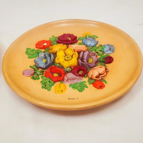 Vintage 1980 Flower Plate Floral Chalk Ware Wall Decor 80s Country Regency Style - Picture 2 of 10